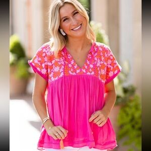 J. Marie Laynie Babydoll Top Pink and Orange Size Large